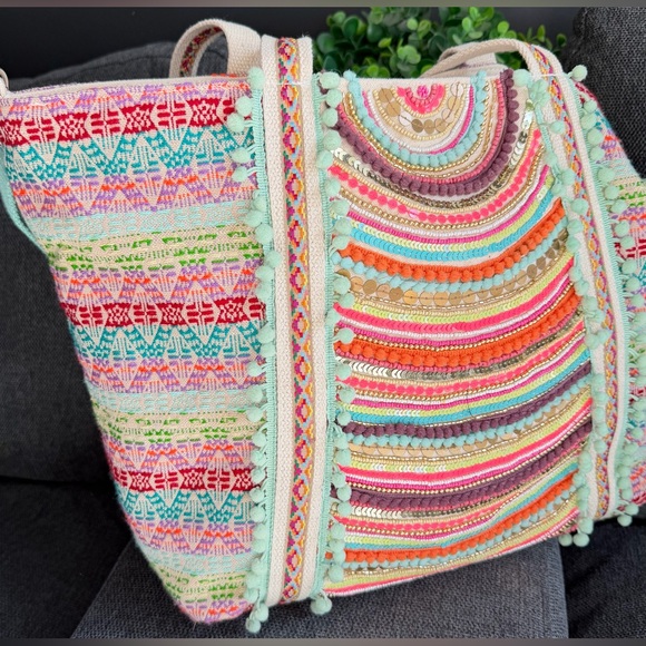 America & Beyond Boho Rainbow hand-beaded tote EUC - Picture 4 of 12
